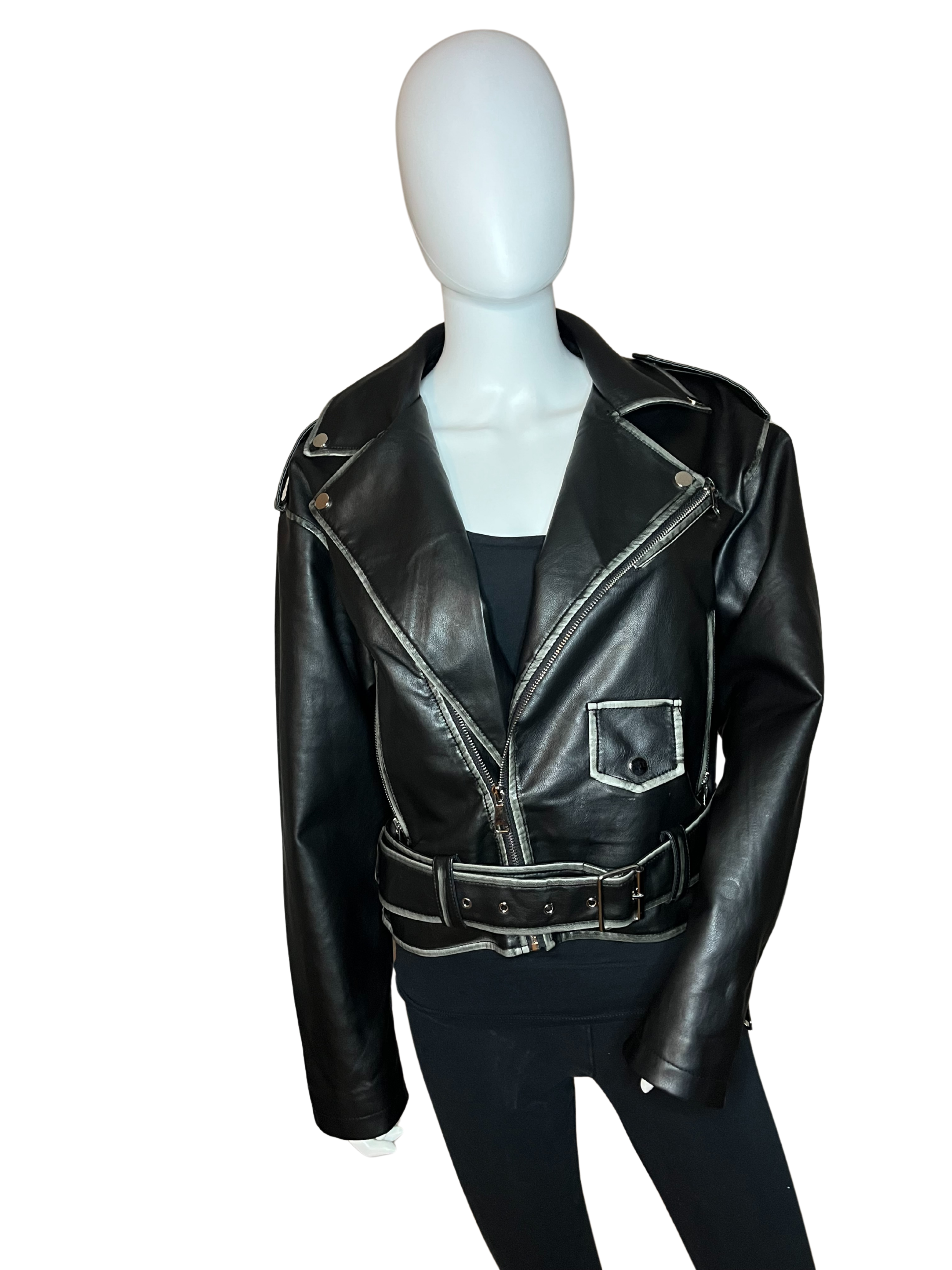 Giacca di pelle nera con finiture grigie