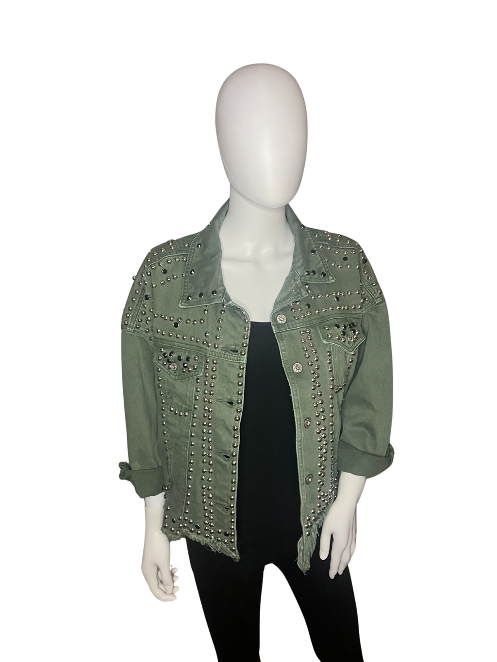 Giacca di jeans verde militare borchiata