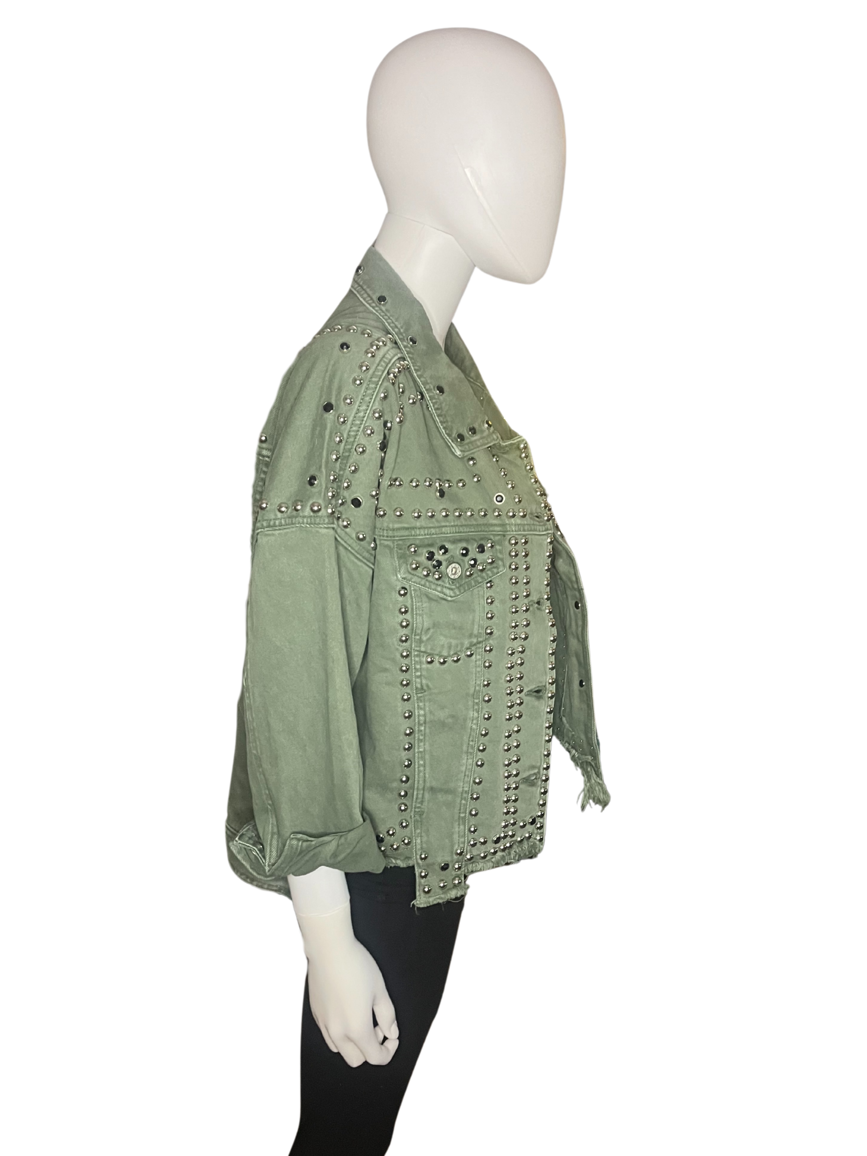 Giacca di jeans verde militare borchiata