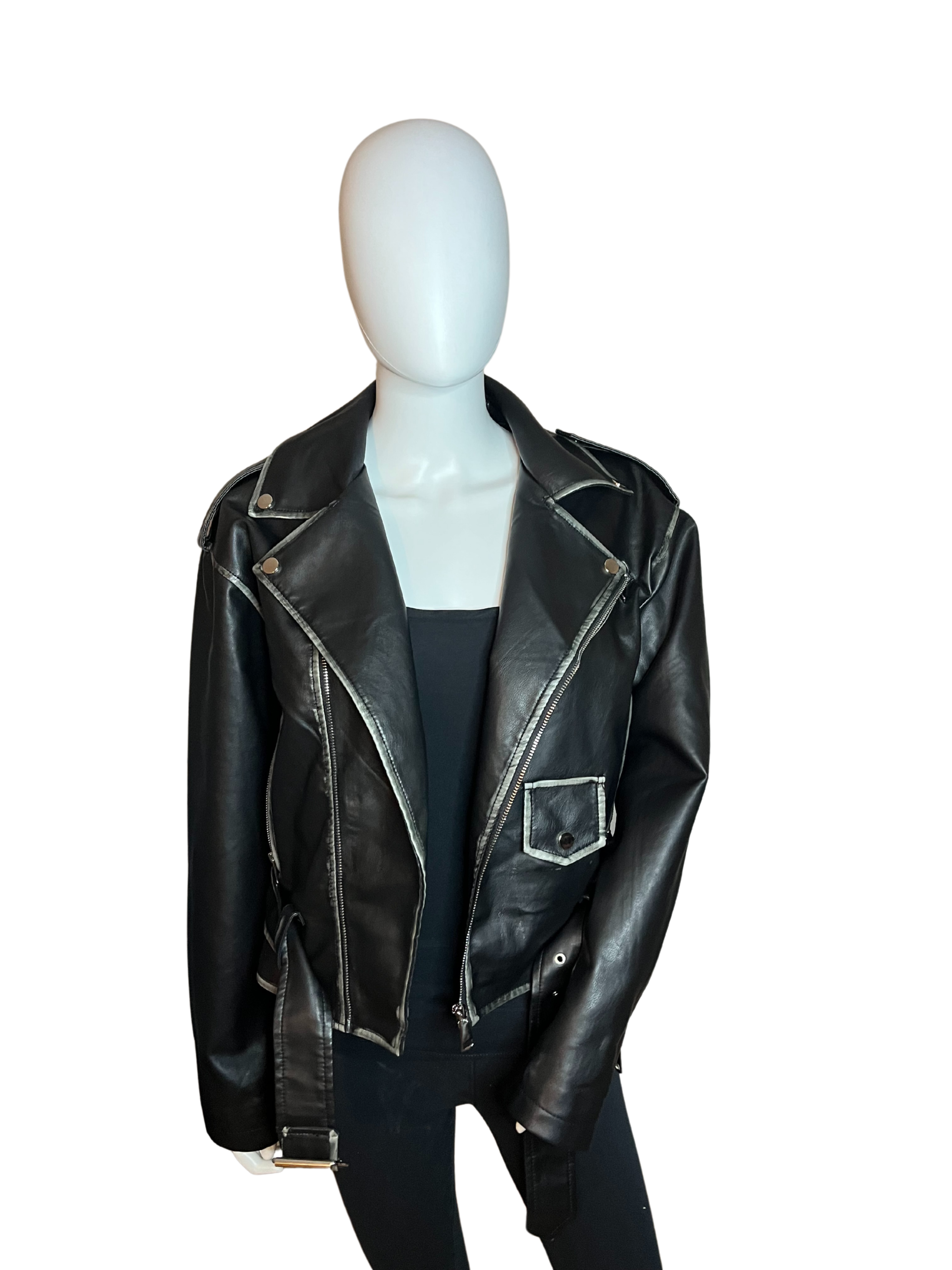 Giacca di pelle nera con finiture grigie