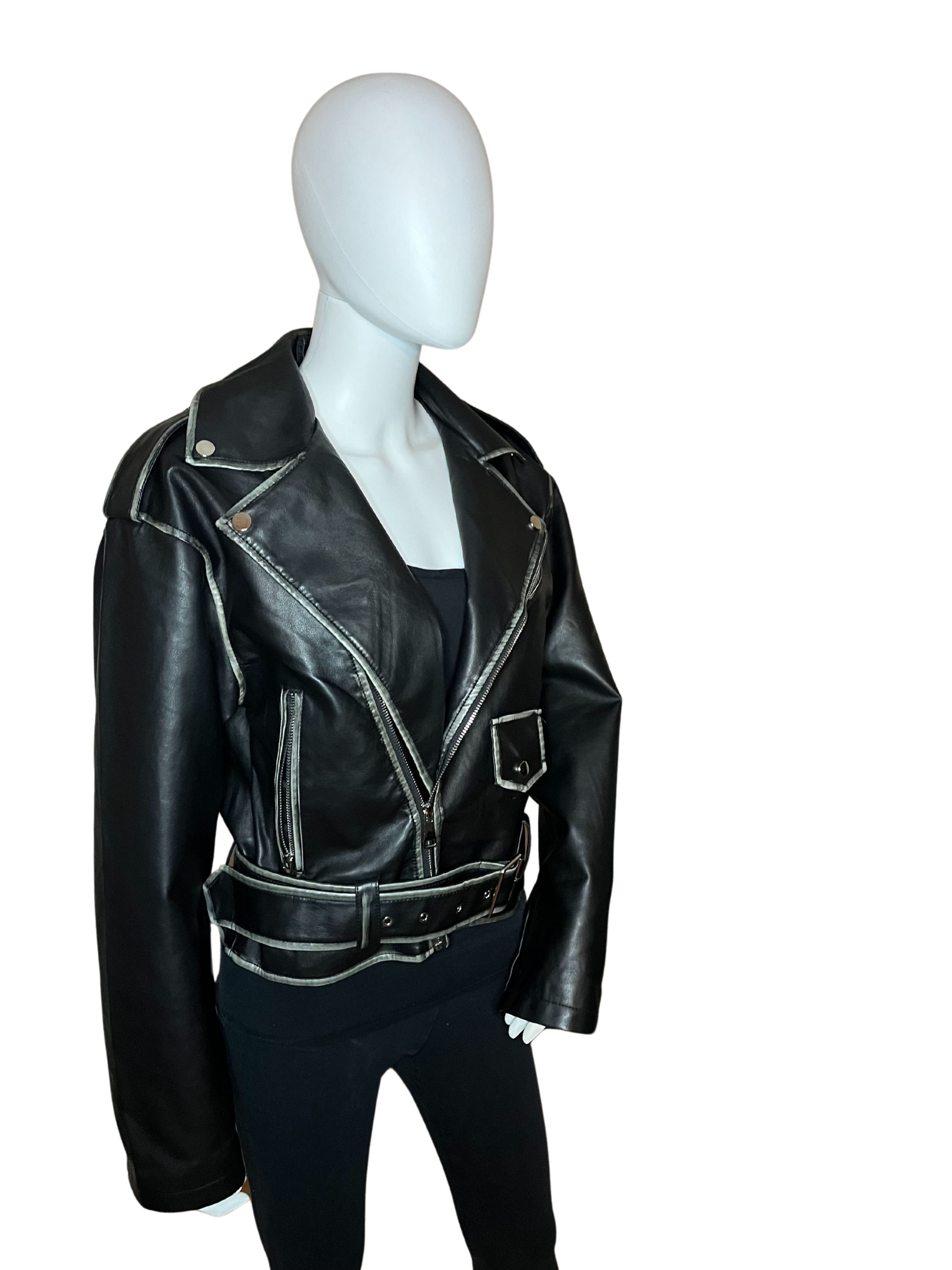 Giacca di pelle nera con finiture grigie